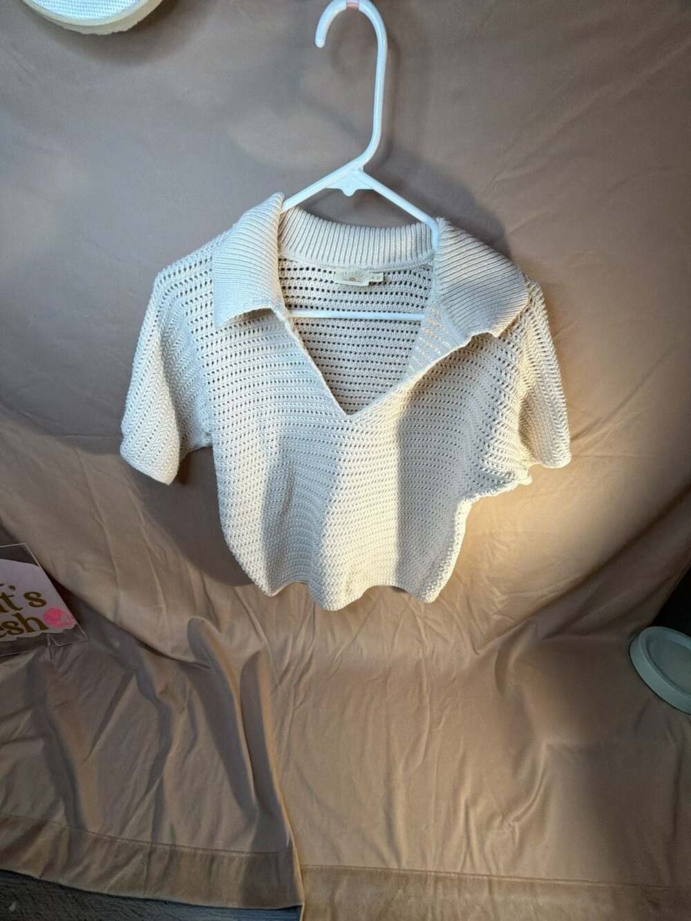Faherty Seacoast Crochet Polo Size XS Cream Open Knit Sweater Top